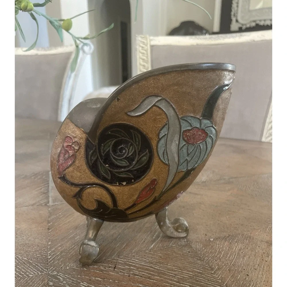 Vtg Antique Brass & Enamel Floral Cloisonné Nautilus Shell Vase Urn 6